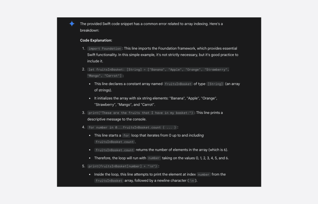Gemini comments on errors in code