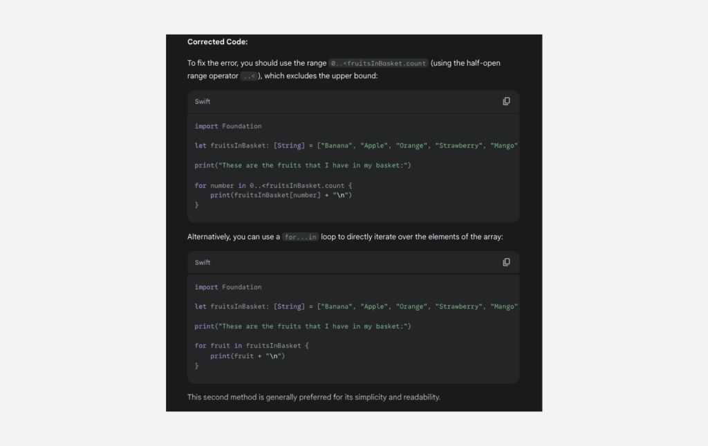 corrected code in gemini