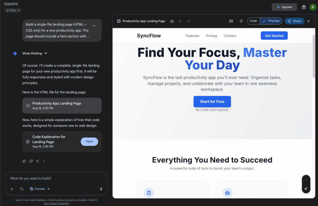 Preview of the landing page based on the code generated by Gemini 2.5 pro