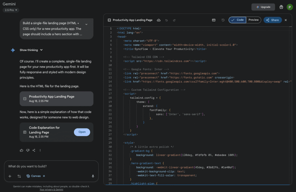 Code generated by Gemini 2.5 Pro for a landing page with a productivity app