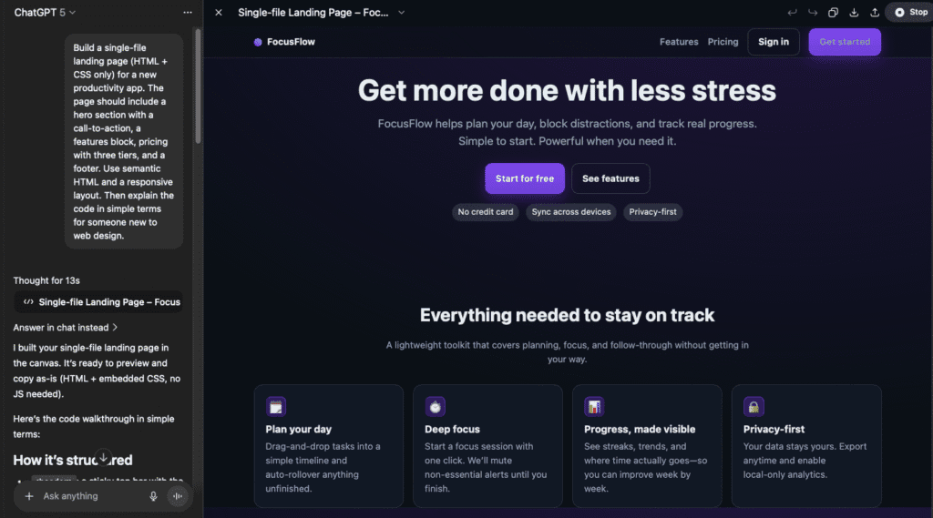 Preview of the landing page based on the code generated by ChatGPT-5