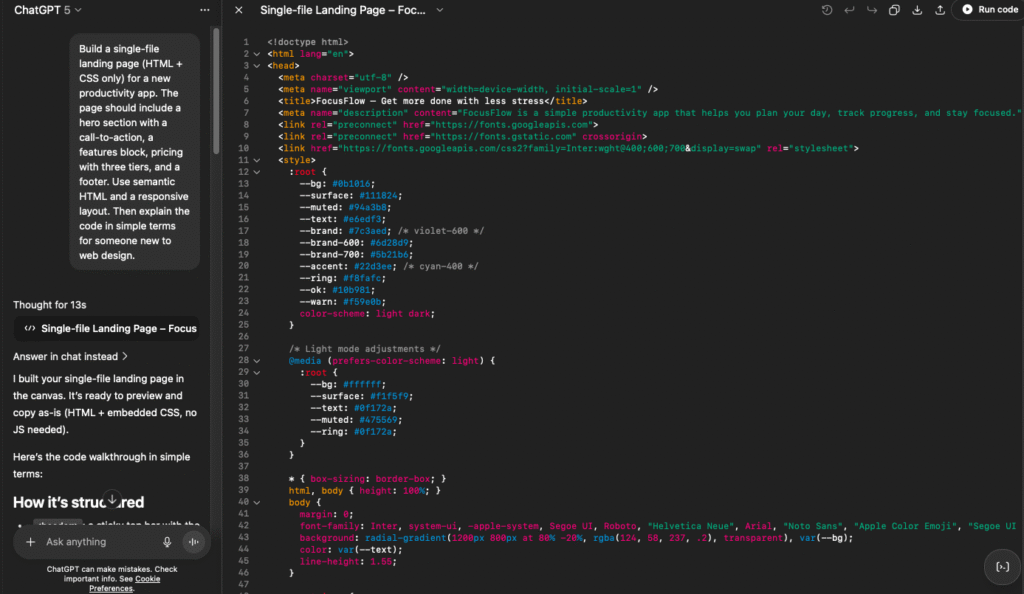 Code generated by ChatGPT-5 for a landing page with a productivity app