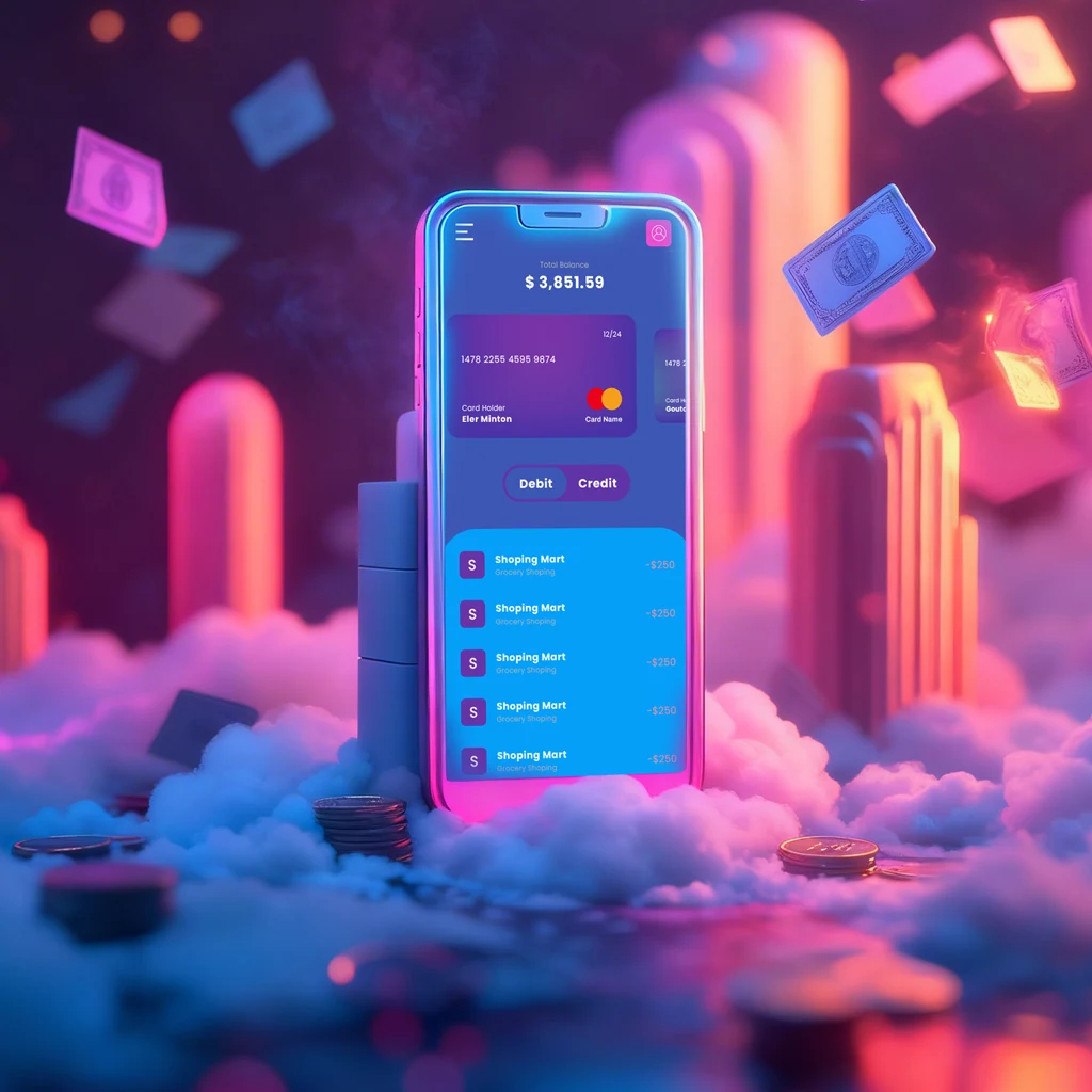 a mobile phone app displaying a credit card that allows mobile banking