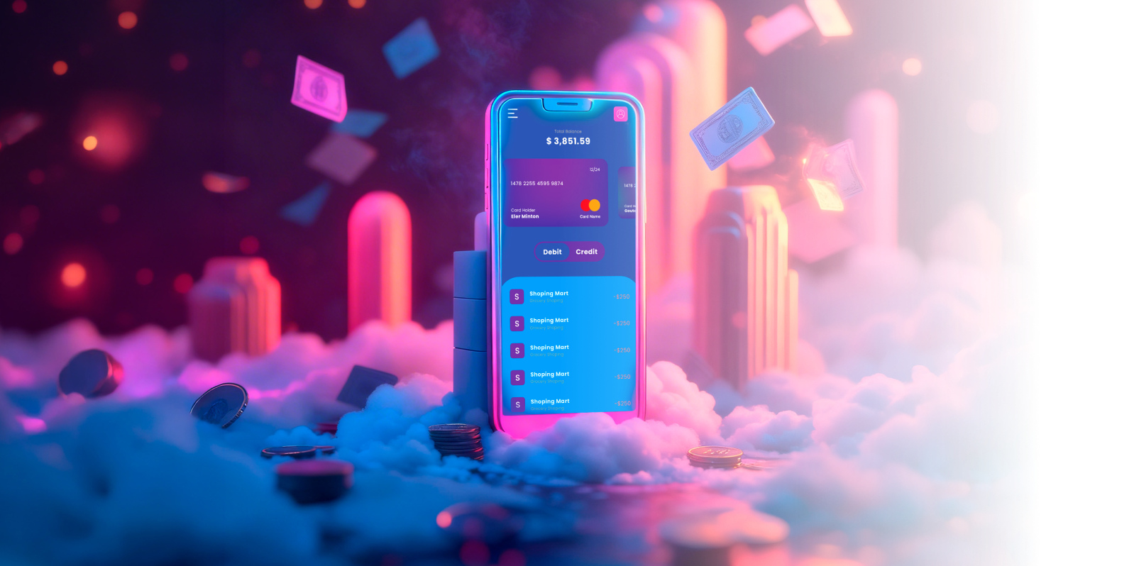 a mobile banking app with a credit card on the screen
