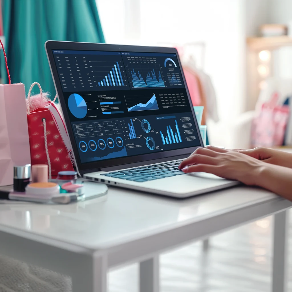 A person sitting at the desk, using a laptop and looking at the displayed graphs and data