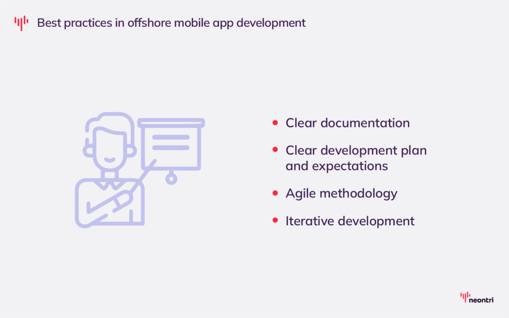 Graphics depicting best practices in offshore mobile app development like clear documentation, clear development plan and expectations, agile methodology, and iterative development