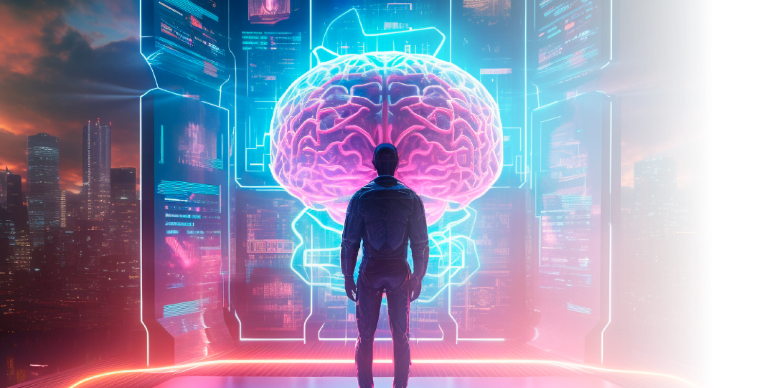 A man surrounded by screens looking at a huge brain representing machine learning in fintech