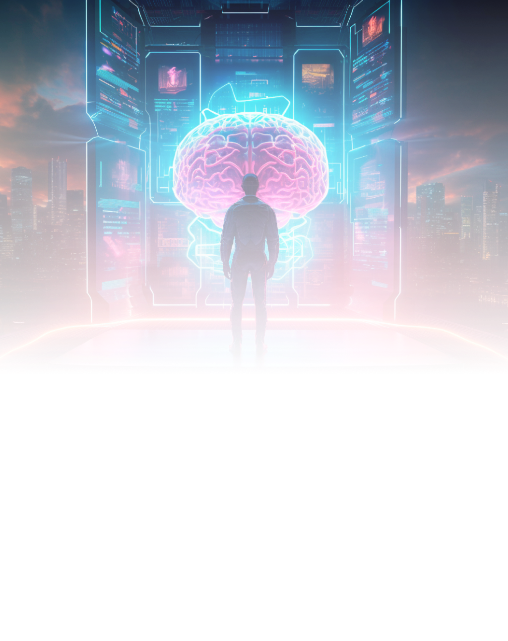 A man standing in front of a huge brain surrounded by screens with analytics displayed