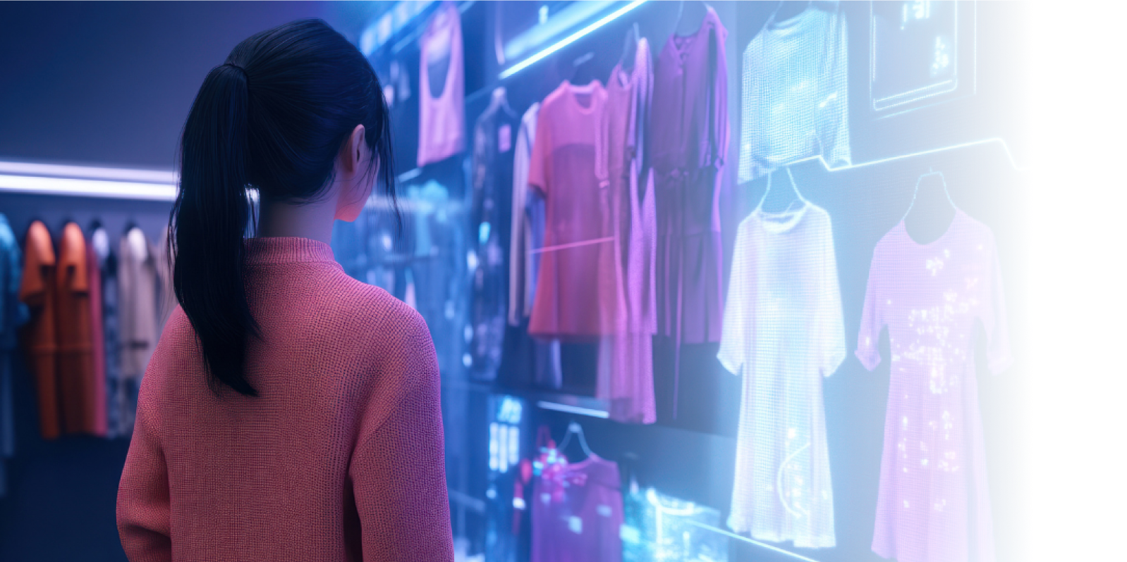 A woman in the shop, looking at the screen with products with the help of AI