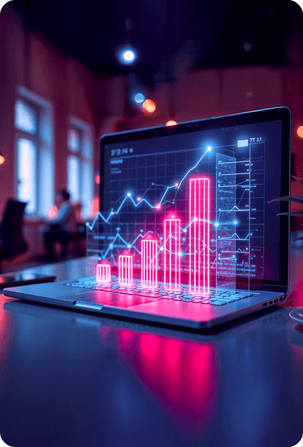 A laptop witn neon style statistics
