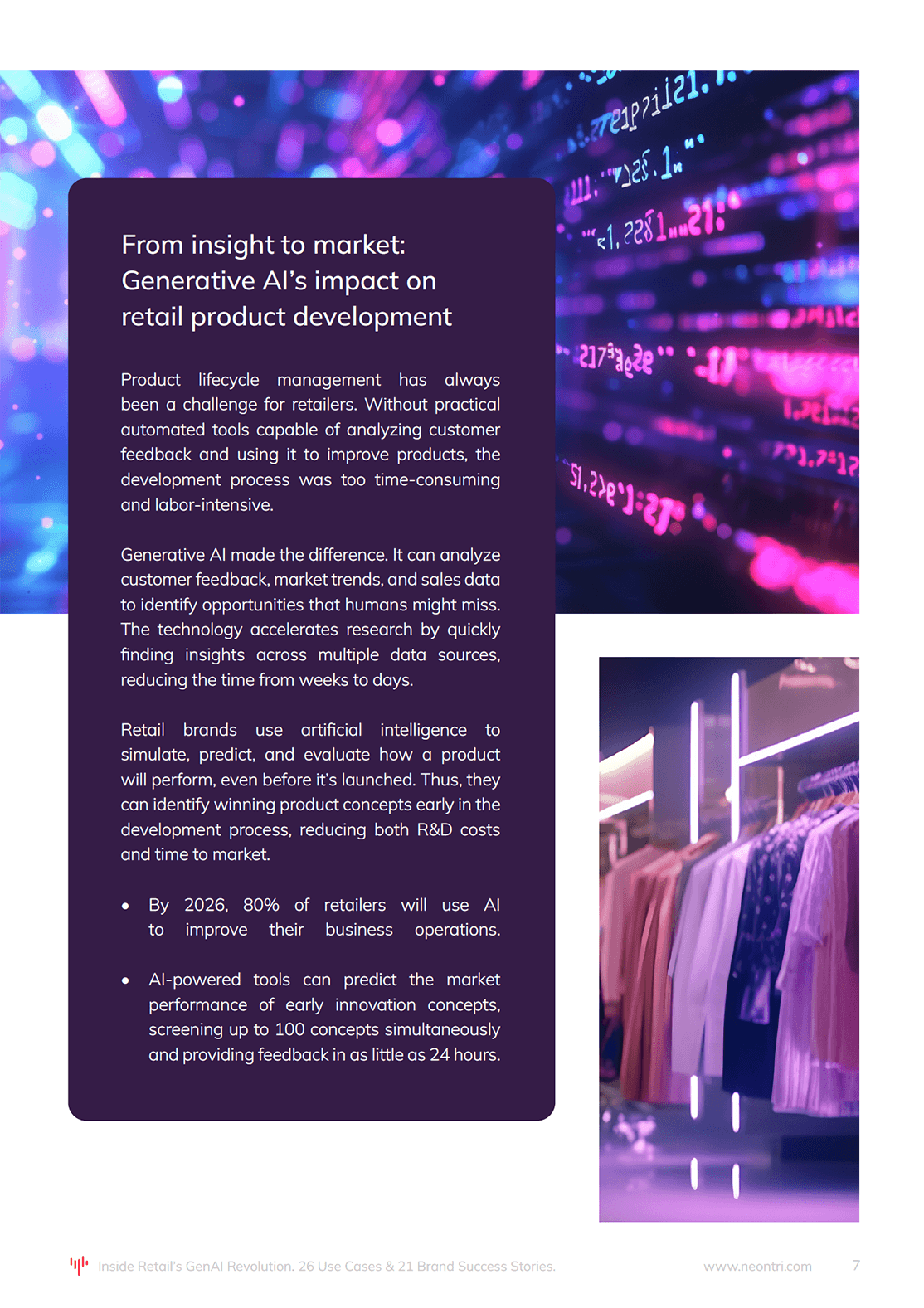 Statistics and a shelf with clothes from Neontri's e book on generative ai in retail industry