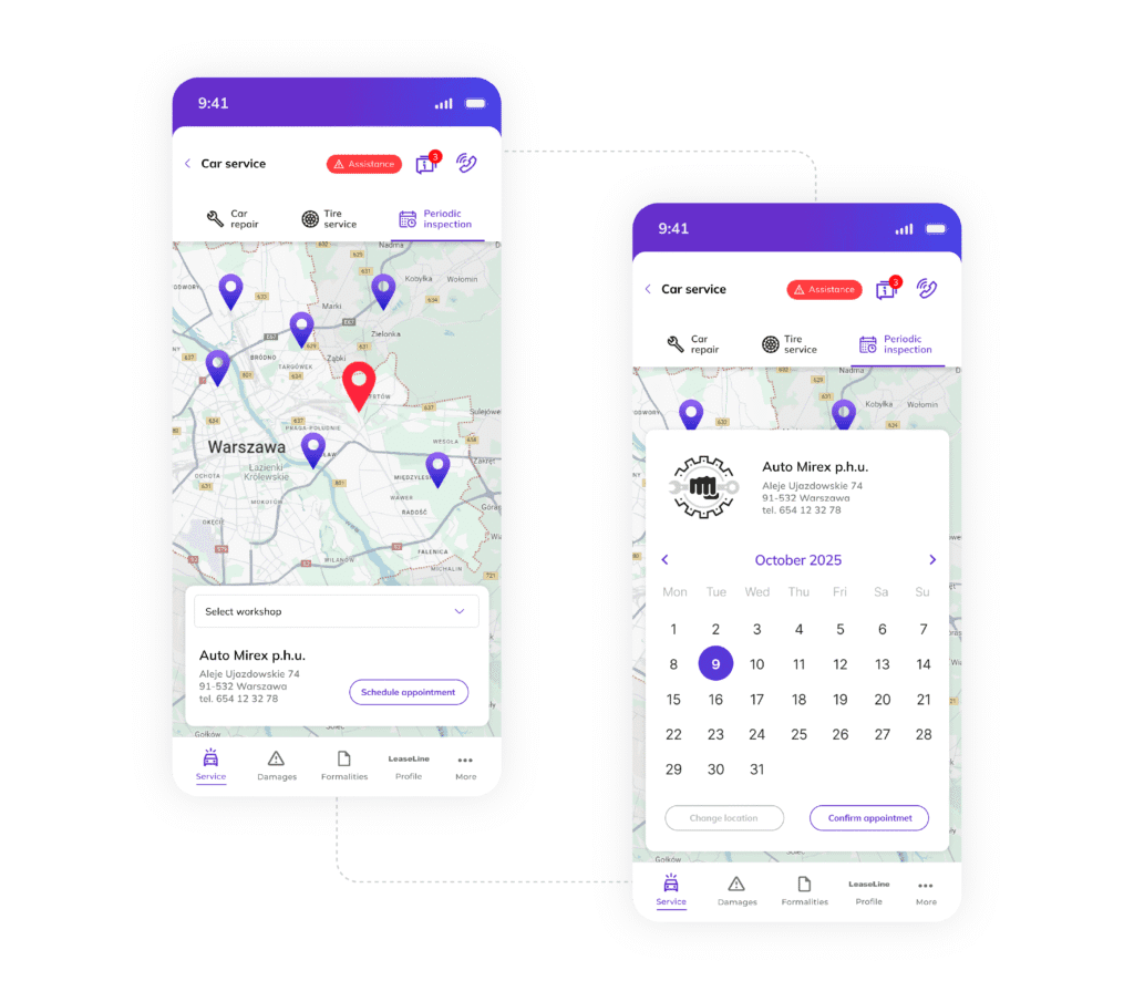 A mobile app with reminders about upcoming technical inspections and nearby approved testing stations