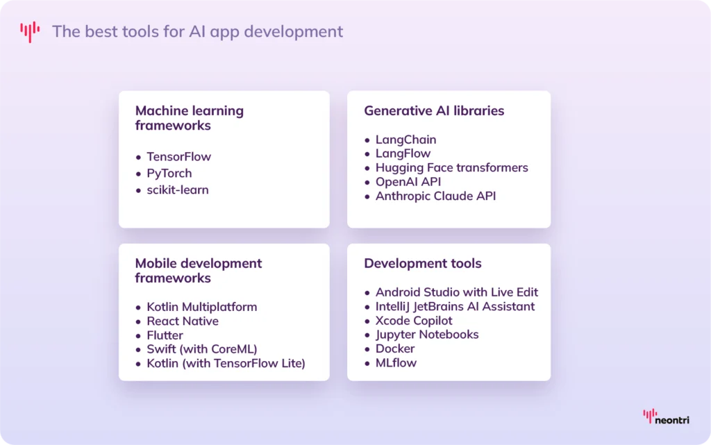 Machine learning frameworks: TensorFlow, PyTorch, scikit-learn
Generative AI libraries: LangChain, LangFlow, Hugging Face transformers, OpenAI API and Anthropic Claude API
Mobile development frameworks: Kotlin Multiplatform, React Native, Flutter, Swift (with CoreML), Kotlin (with TensorFlow Lite)
Development tools: Android Studio with Live Edit, IntelliJ JetBrains AI Assistant, Xcode Copilot, Jupyter Notebooks, Docker , MLflow
