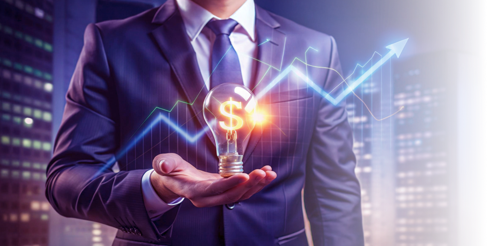 a man in suit holding a light bulb