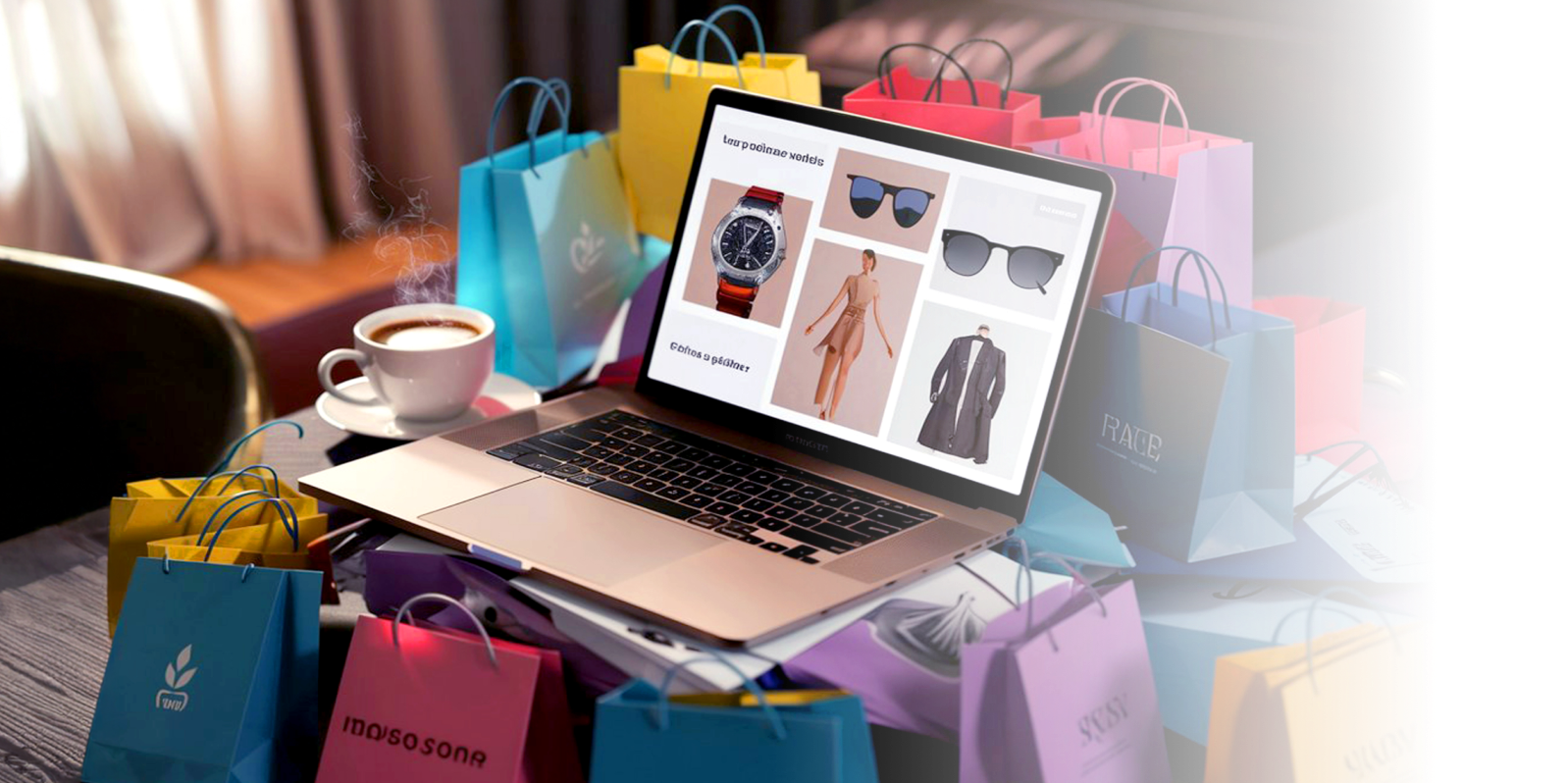 a laptop with open e-commerce web page amidst shopping bags