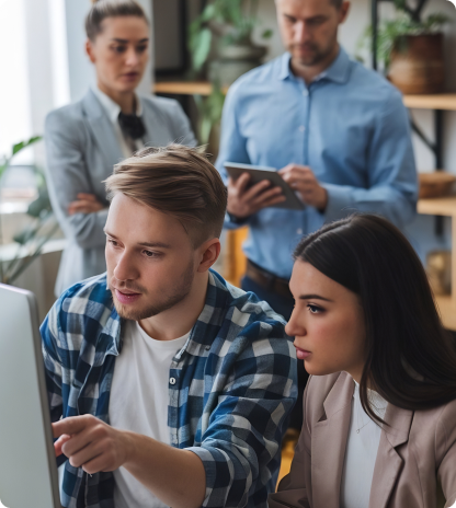team checking computer in the office