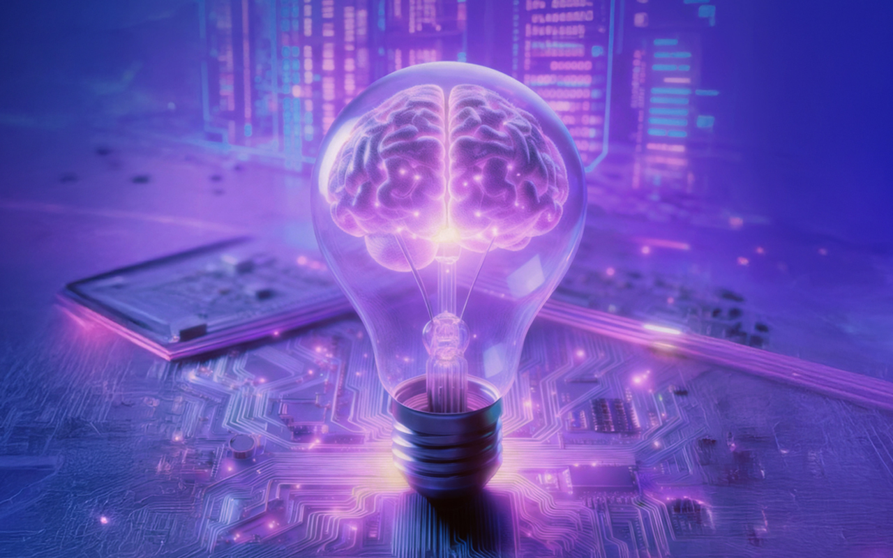 A glowing purple light bulb with a futuristic cityscape blurred in the background