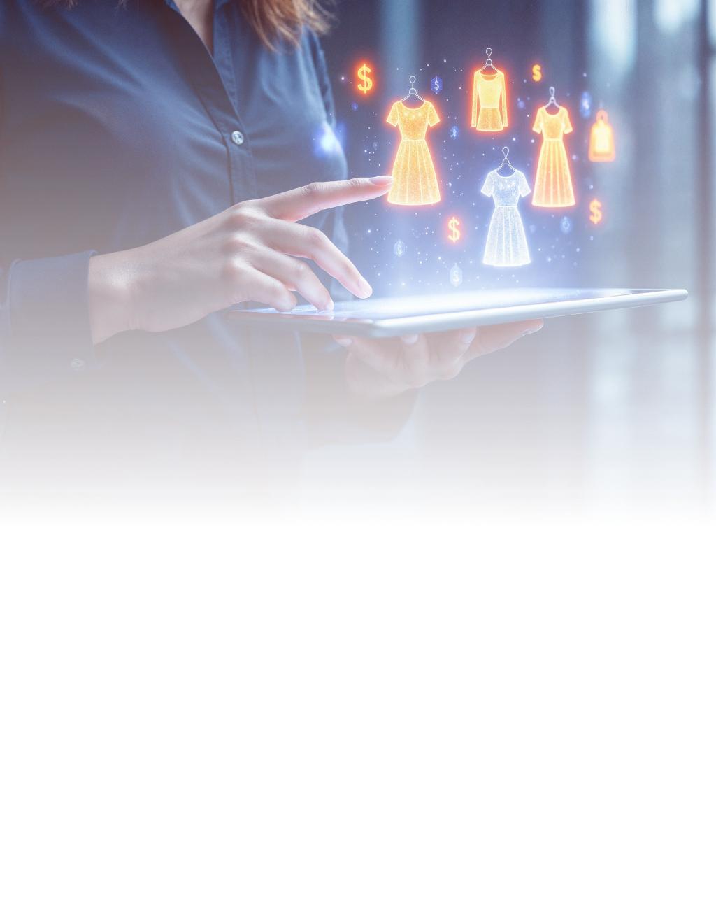 woman holding a tablet with products created by GenAI