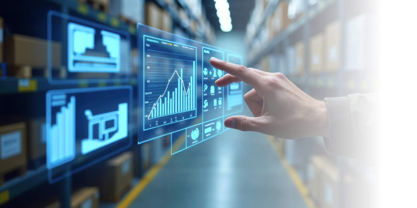hand pointing at virtual screen in the warehouse aisle