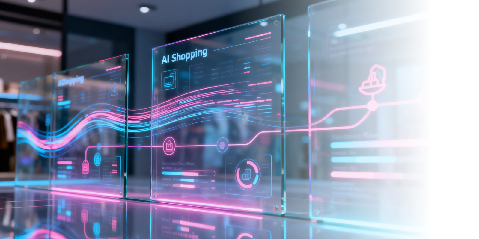 AI shopping analytics, data flows, and purchase insights in a modern retail environment.