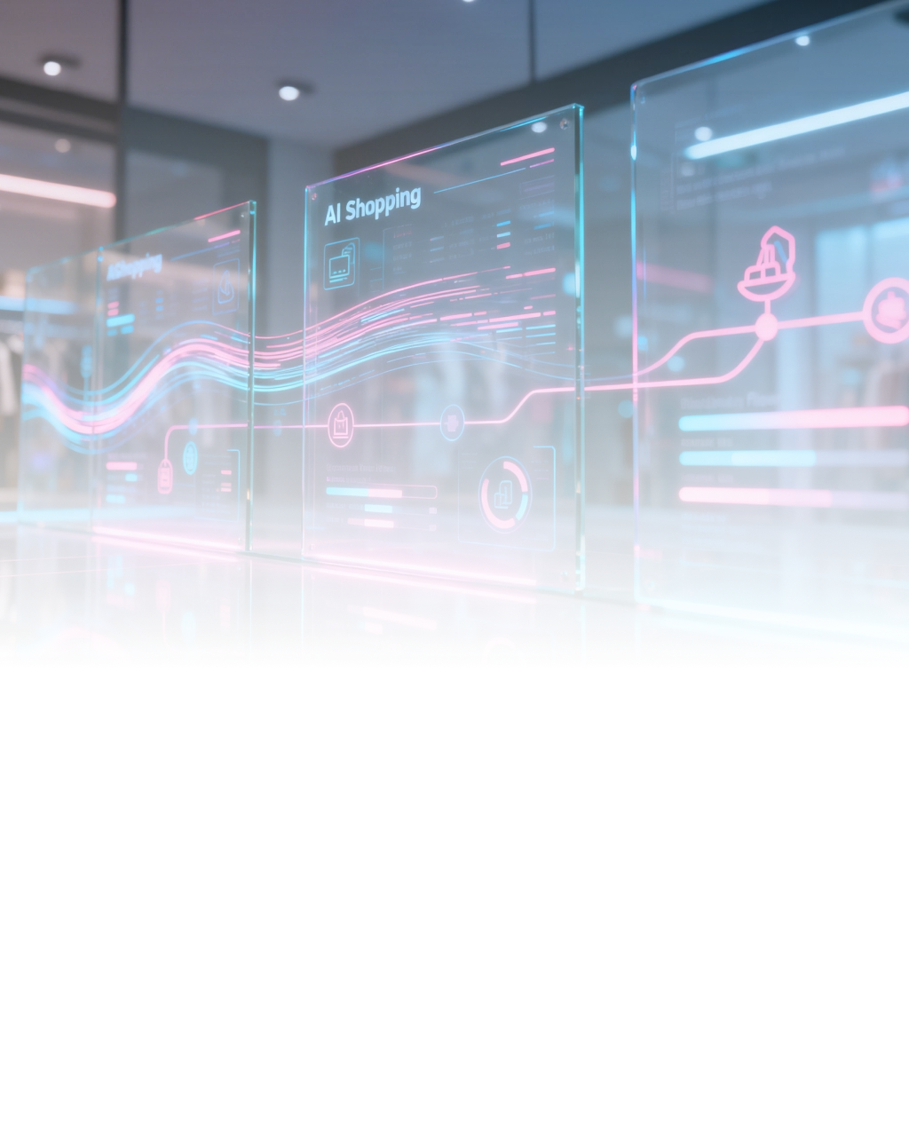 AI shopping analytics, data flows, and purchase insights in a modern retail environment.