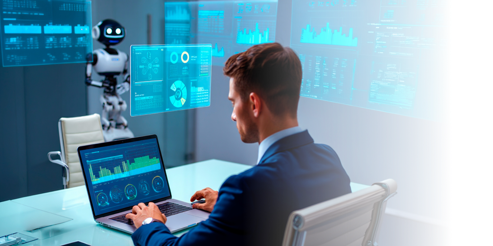 a man working at the computer surrounded by virtual dashboards