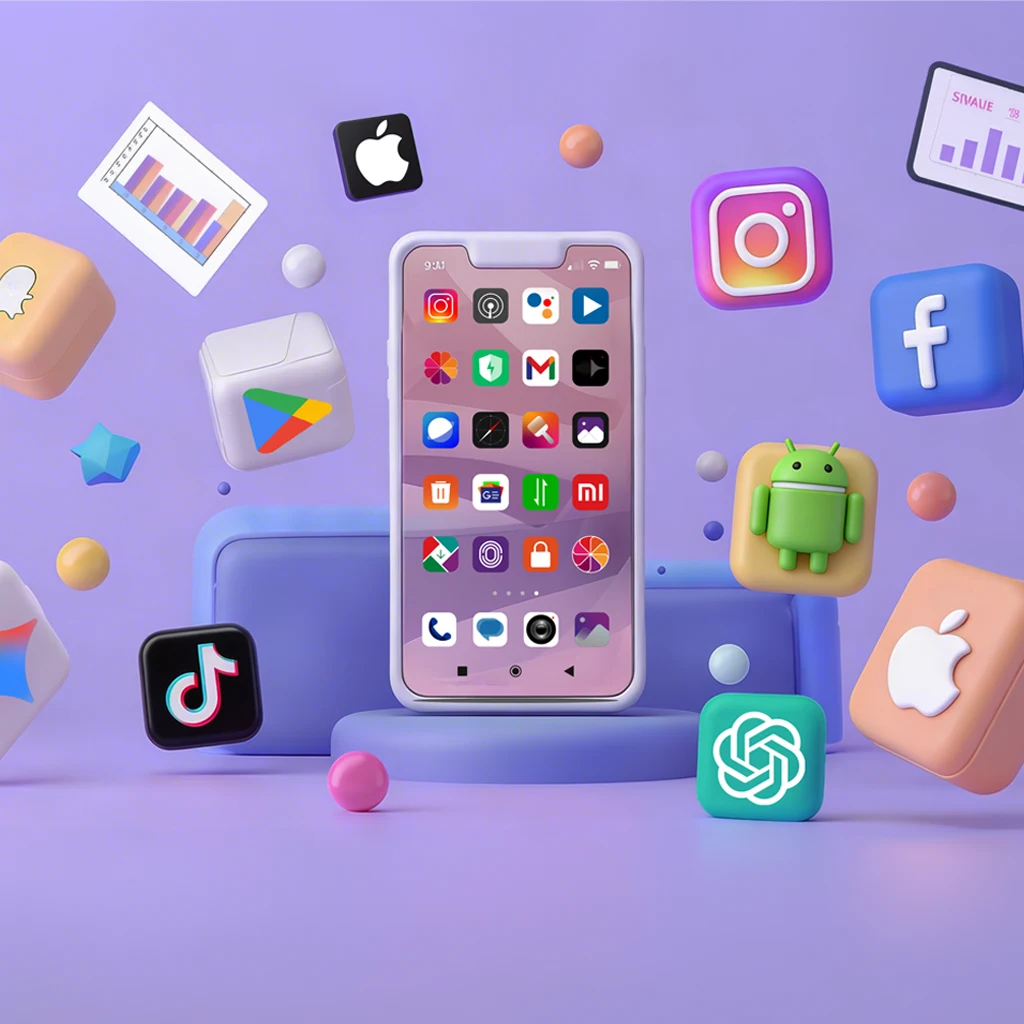 A mobile phone with a lot of app logos on the screen and around it - Mobile app statistics