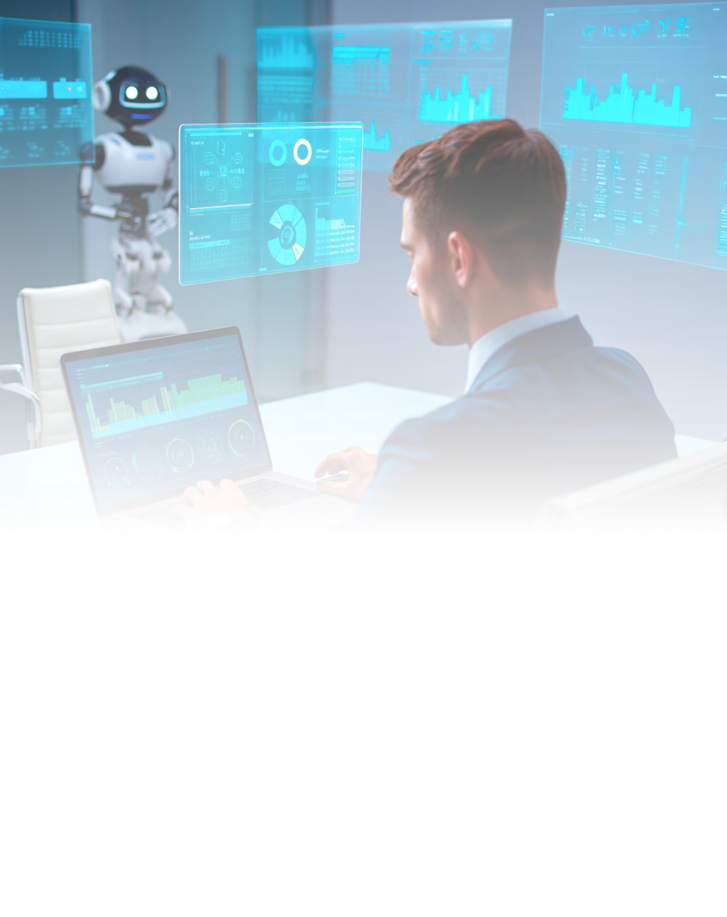 a man working at the computer desk next to robotic assistant