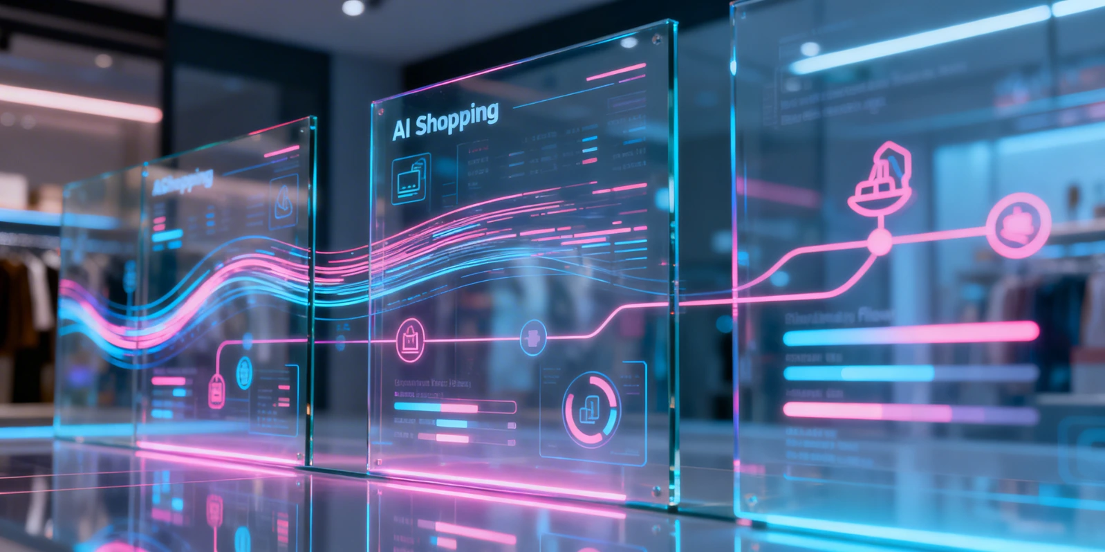 Futuristic neon dashboard with glowing glass panels showing AI shopping analytics, data flows, and purchase insights in a modern retail environment.