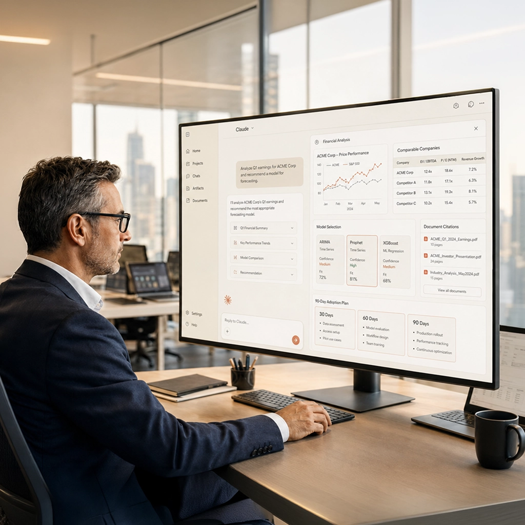 Financial analyst using Claude on a large monitor