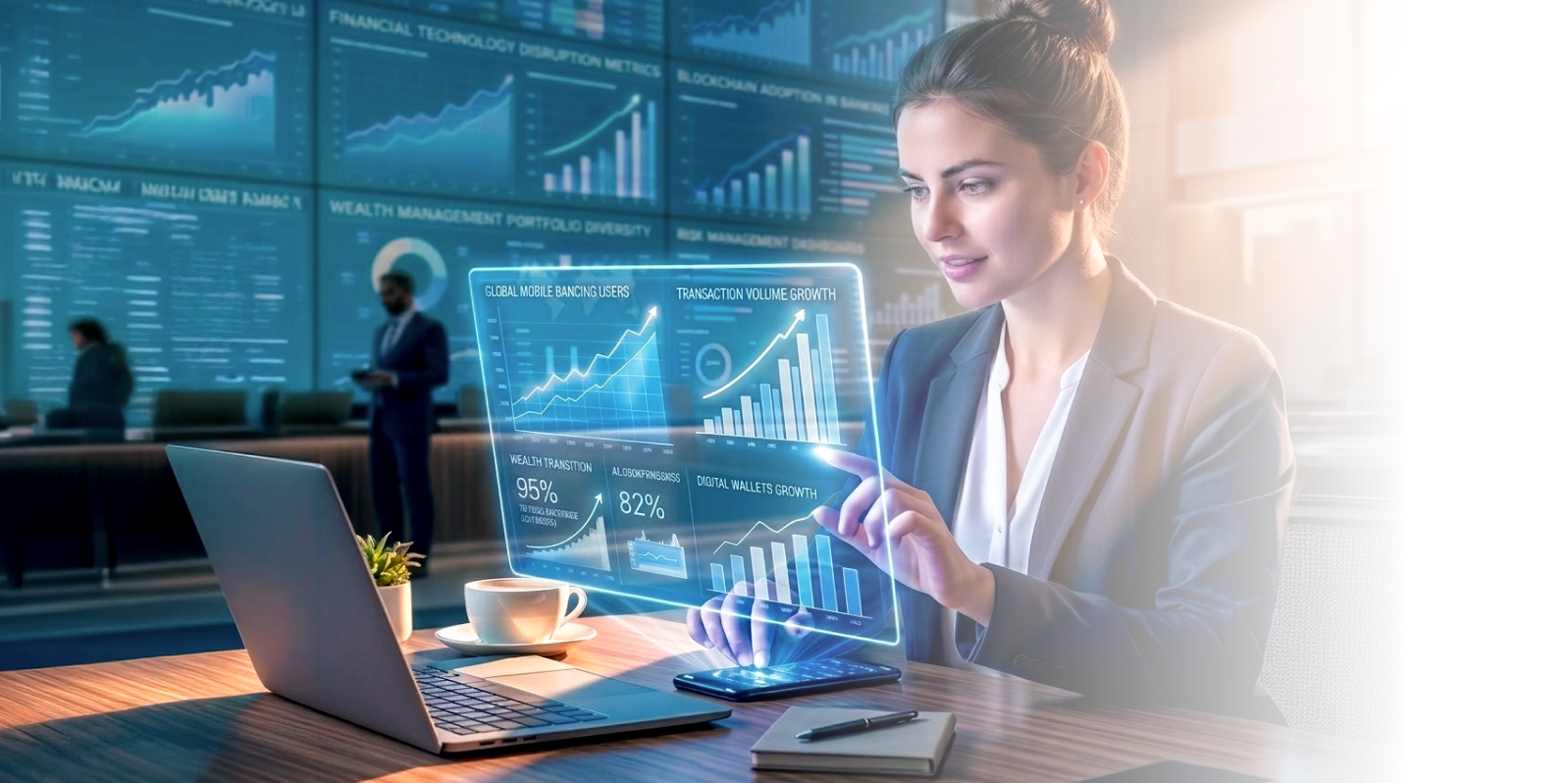 A woman looking at the computer screen and checking digital banking statistics