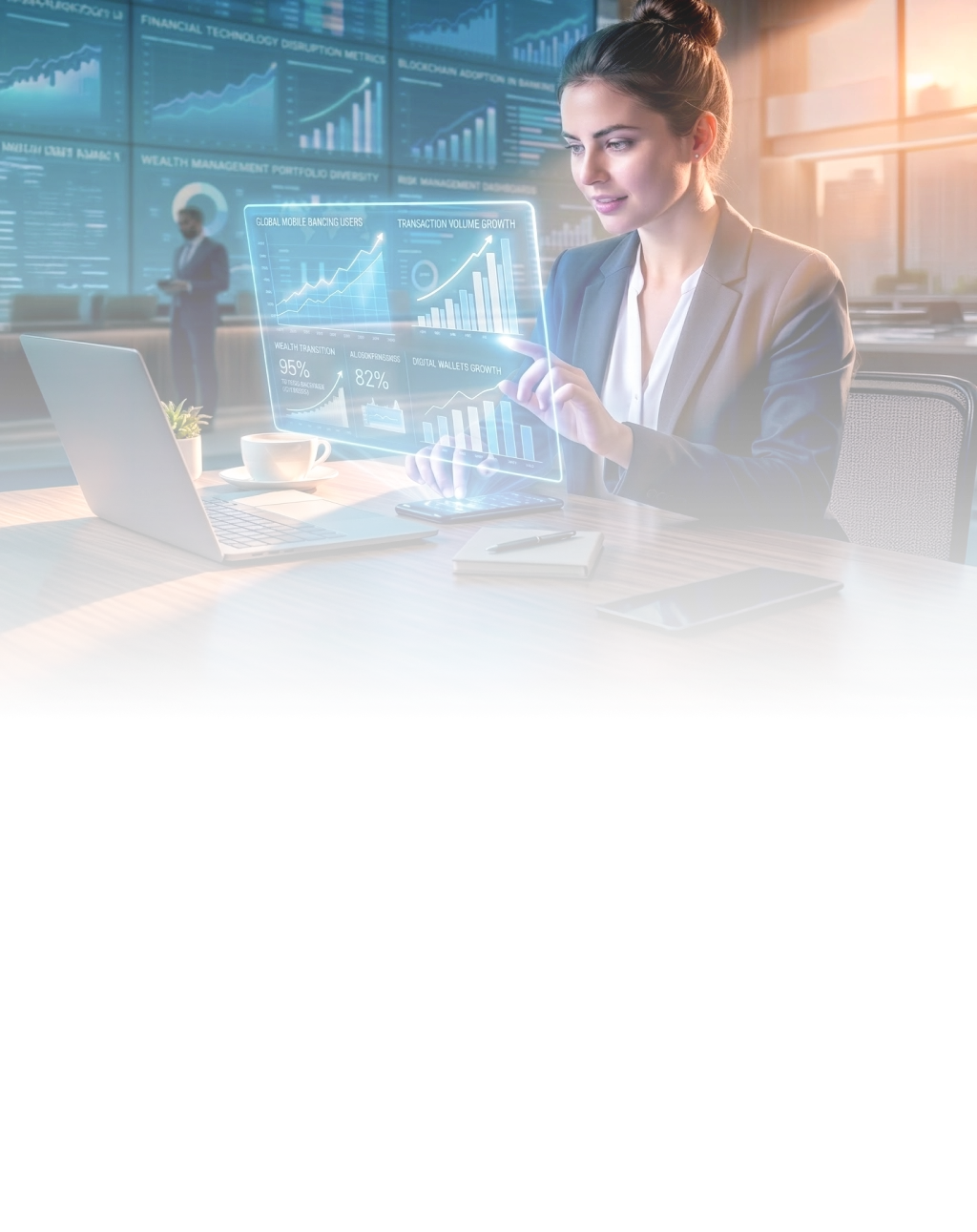 Digital banking statistics and a woman analyzing them on the computer screen