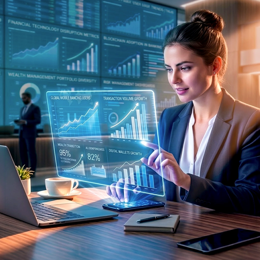 A woman in the office setting checking digital banking statistics