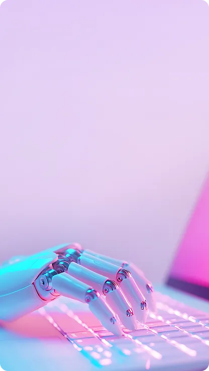 Robotic hand typing on a keyboard, representing AI-powered automation in insurance operations