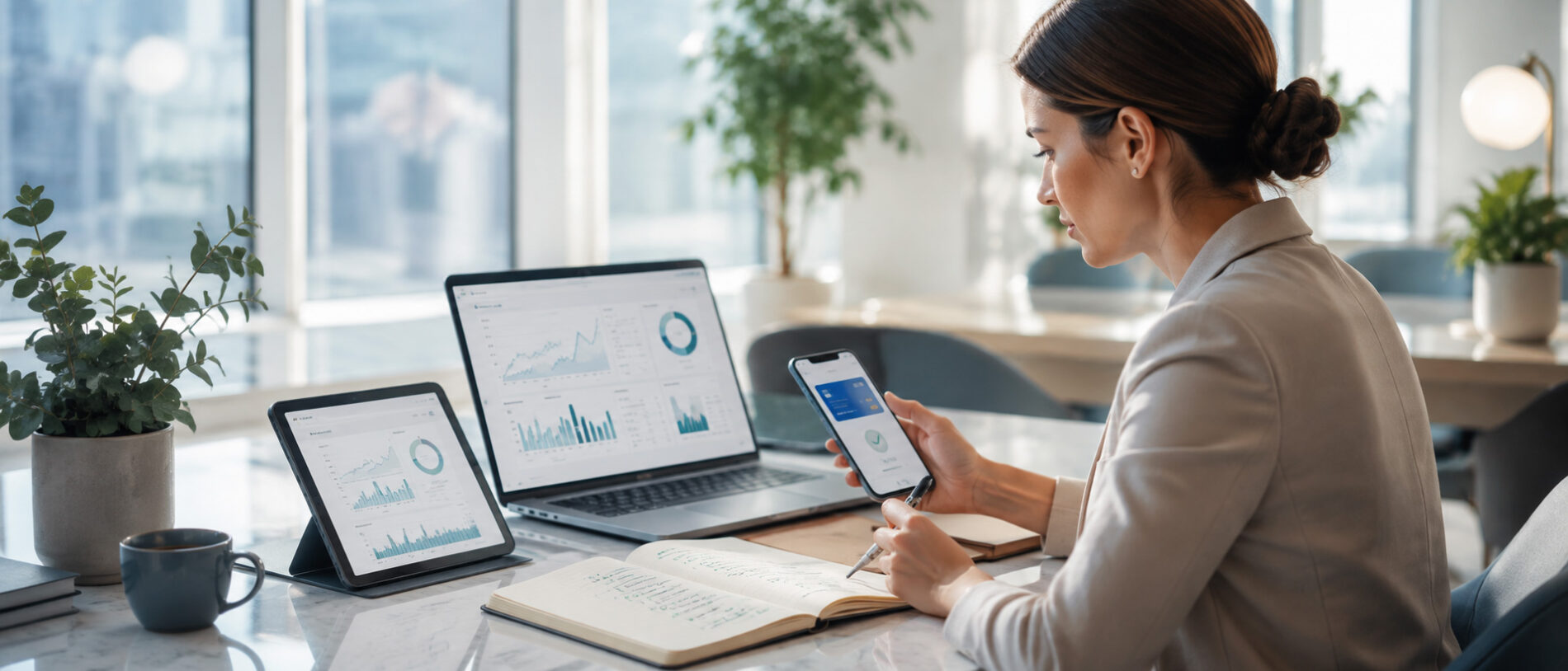 Audit manager reviewing financial dashboards across multiple devices