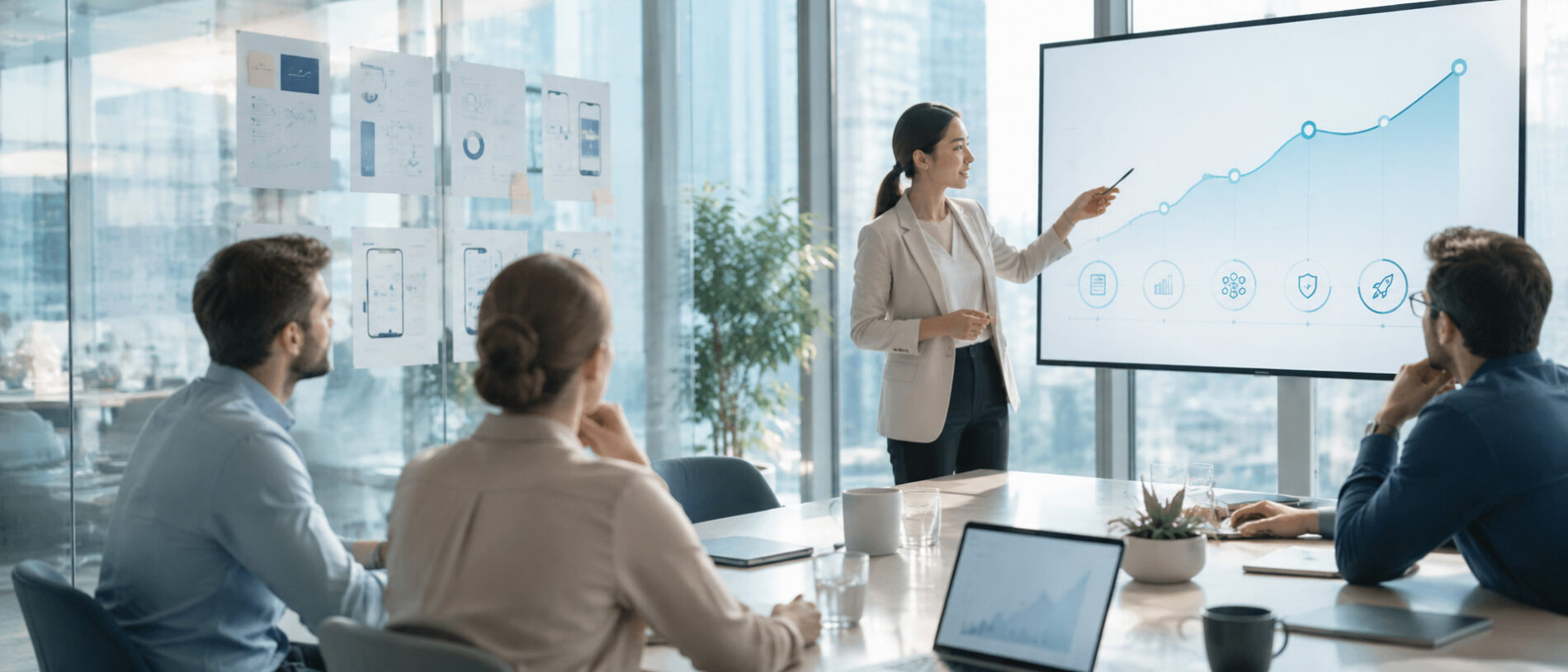 Audit manager presenting performance trends during team meeting