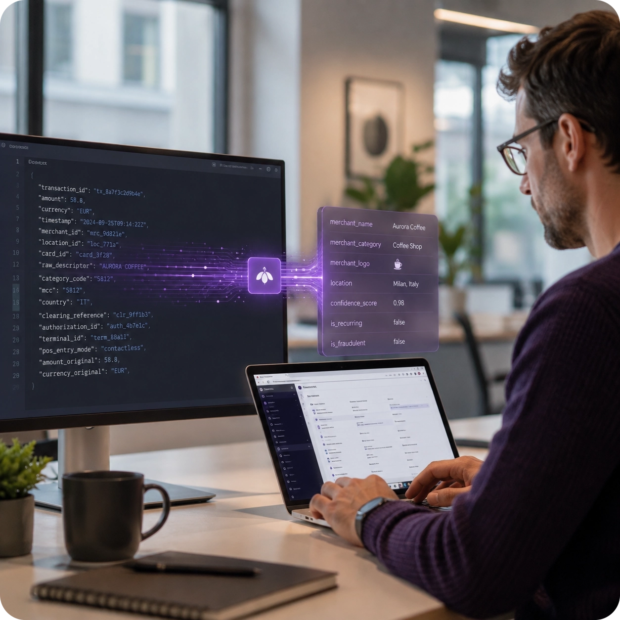 Developer reviewing transaction code with purple enrichment data overlay