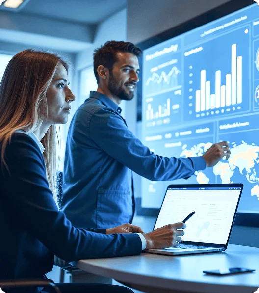 IT professionals analyzing business data on interactive dashboard screens