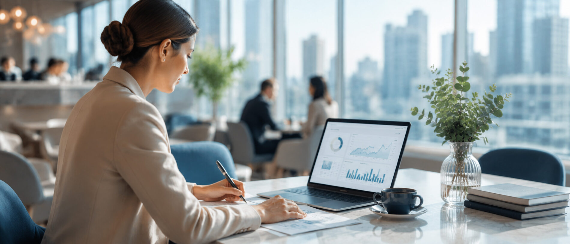 Executive reviewing financial analytics and taking detailed notes
