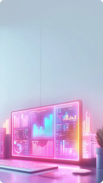 Neon-lit desktop with financial charts and analytics dashboards