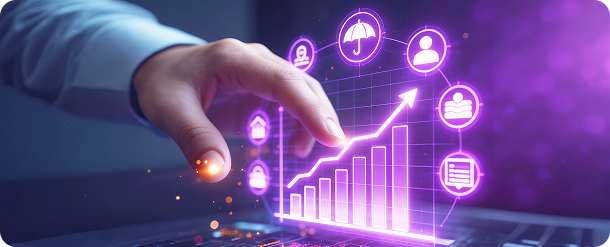 Hand touching a holographic digital data analytics chart with insurance icons