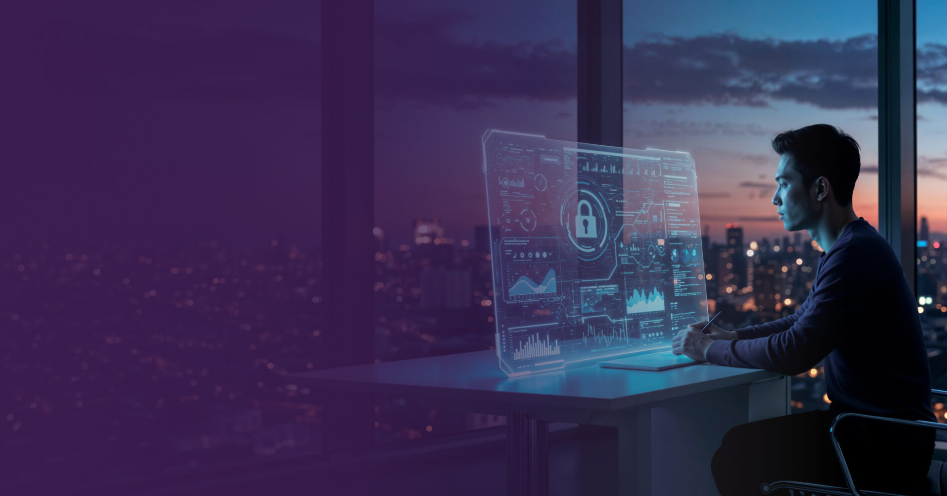 Developer interacting with a holographic cybersecurity dashboard of an insurance platfrom