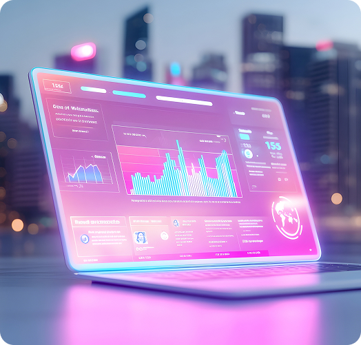 A sleek laptop displaying a glowing pink software audit dashboard with performance metrics and visual charts.