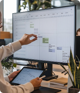 A person using a stylus on a tablet while reviewing a timeline schedule on a desktop monitor