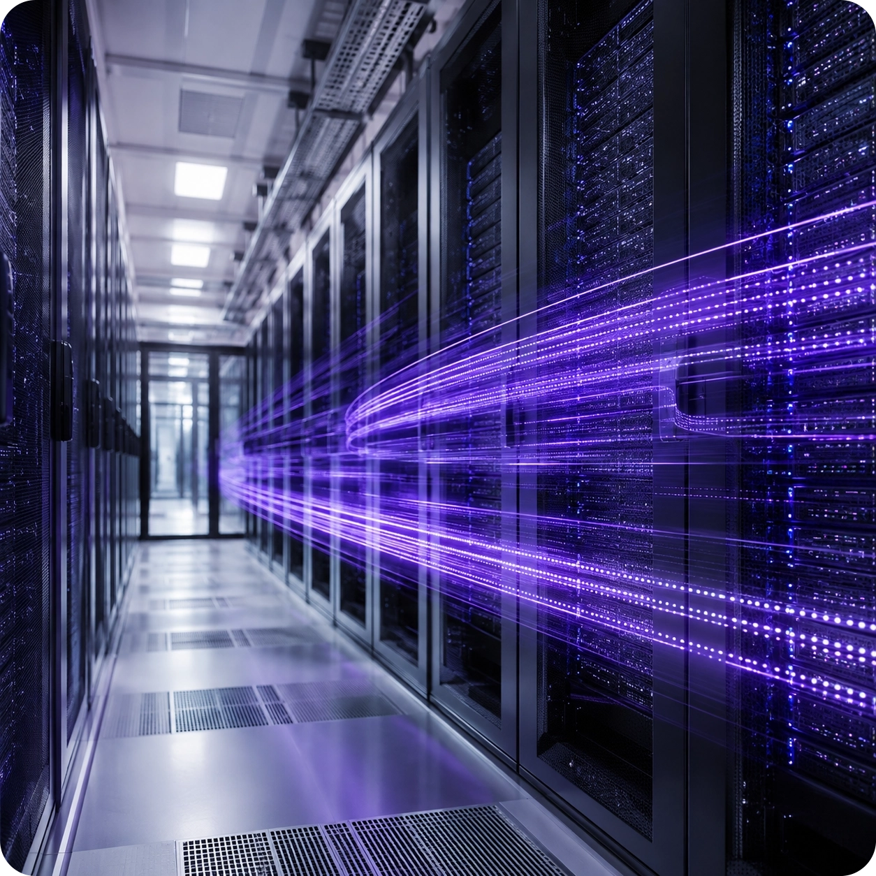 Server racks carrying luminous purple data streams through infrastructure