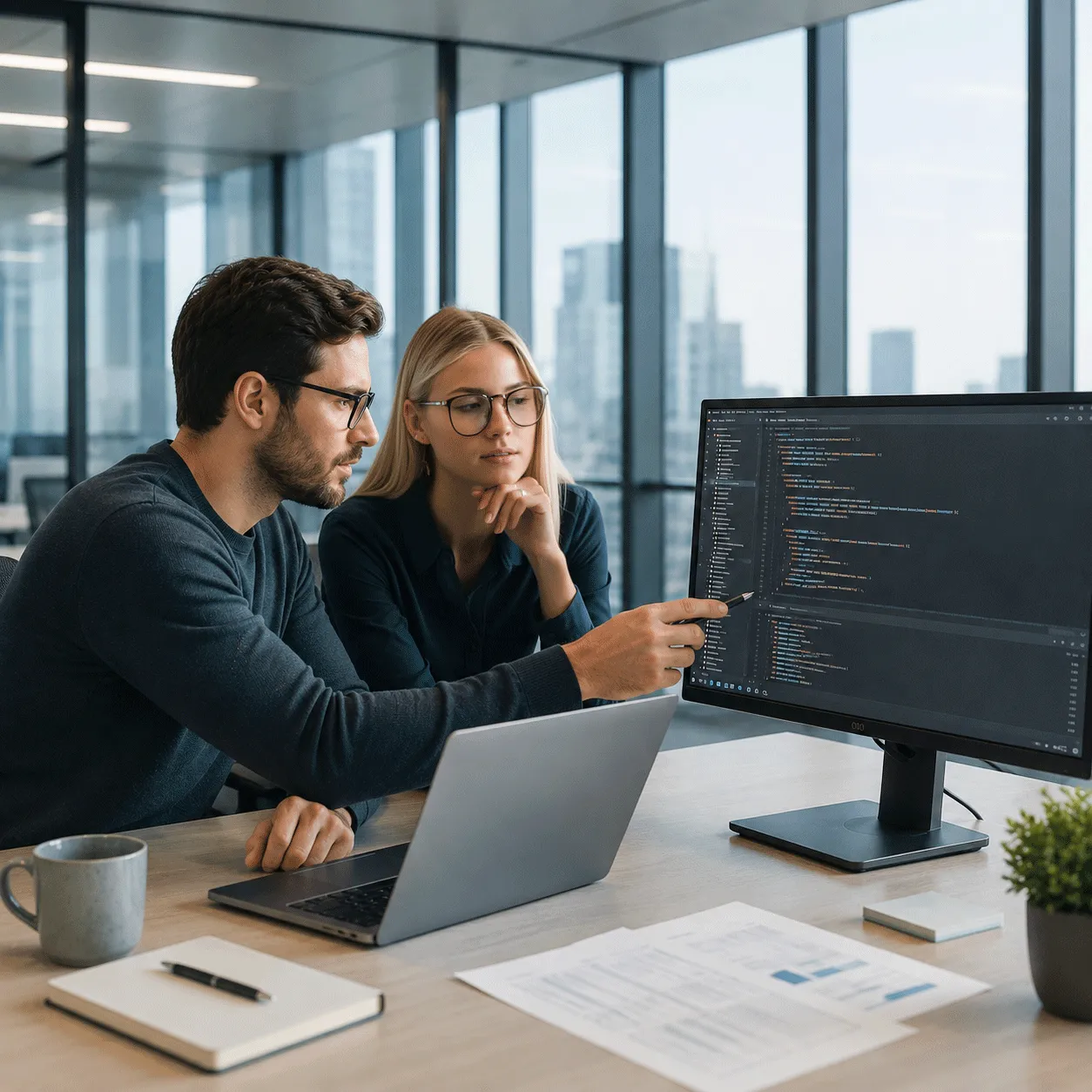 IT specialists reviewing source code during technical due diligence