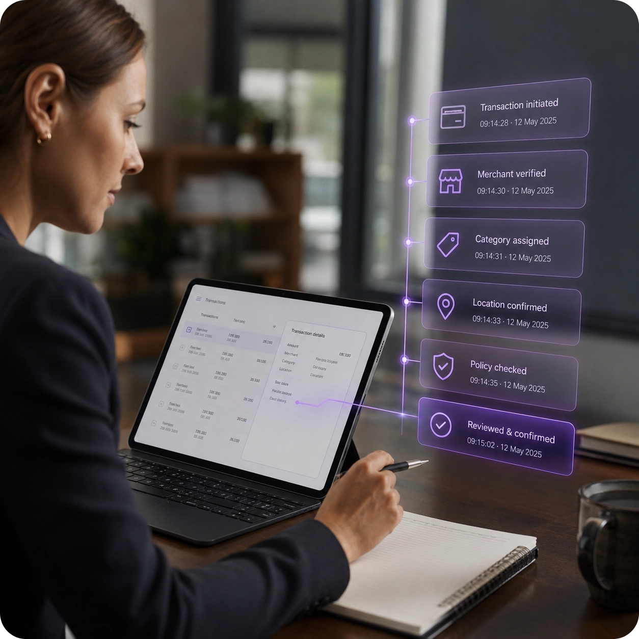 Analyst reviewing transaction audit trail with timestamped verification steps