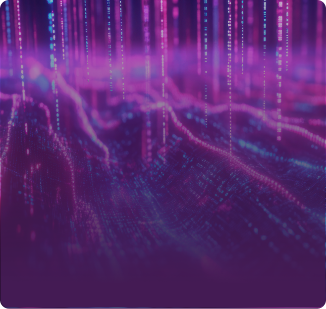 Abstract digital visualization of glowing data streams flowing downward