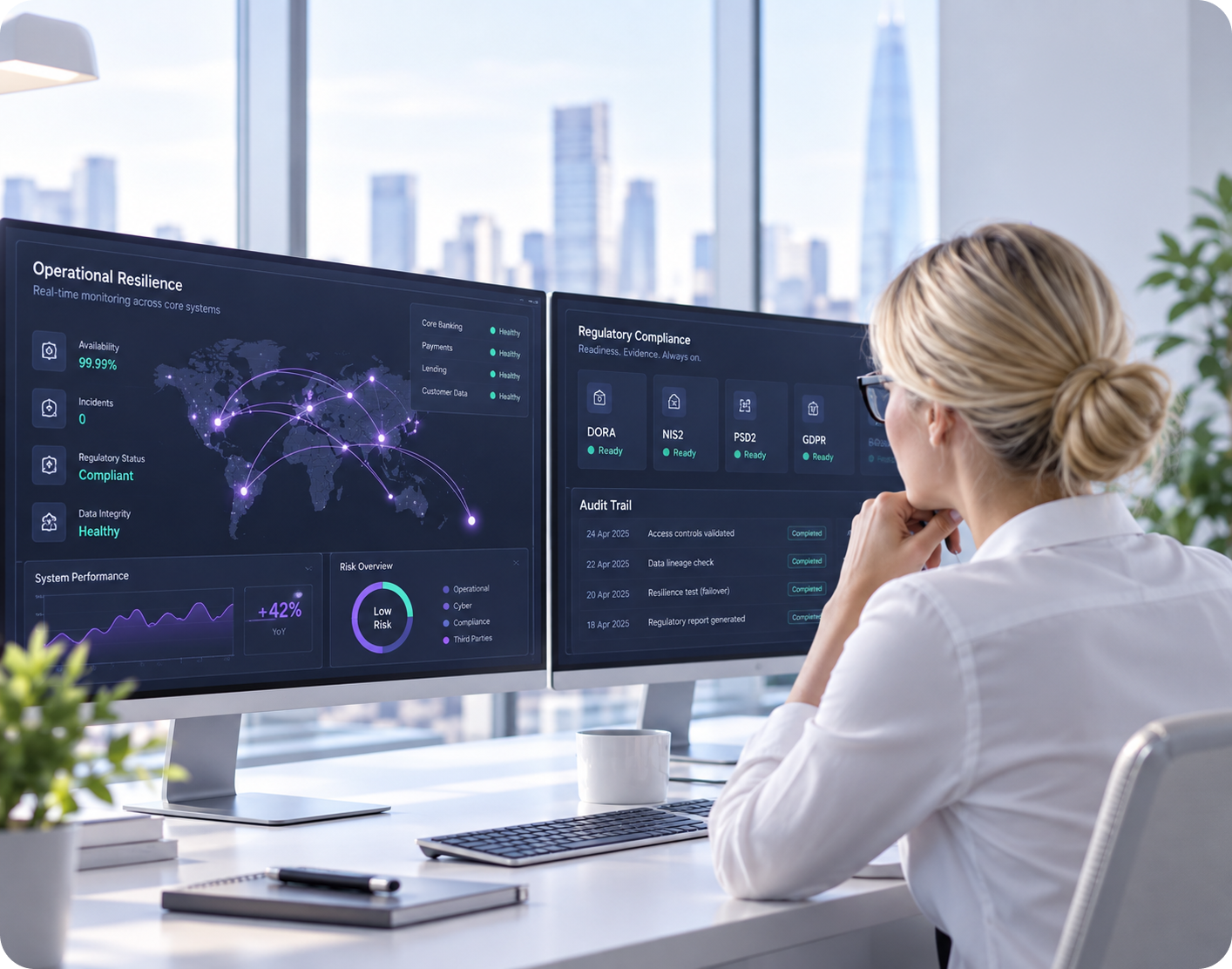 Blonde analyst monitoring banking resilience and regulatory compliance dashboards