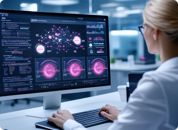 IT specialist working on a computer screen displaying interactive banking analytics, network nodes, and data metrics dashboard